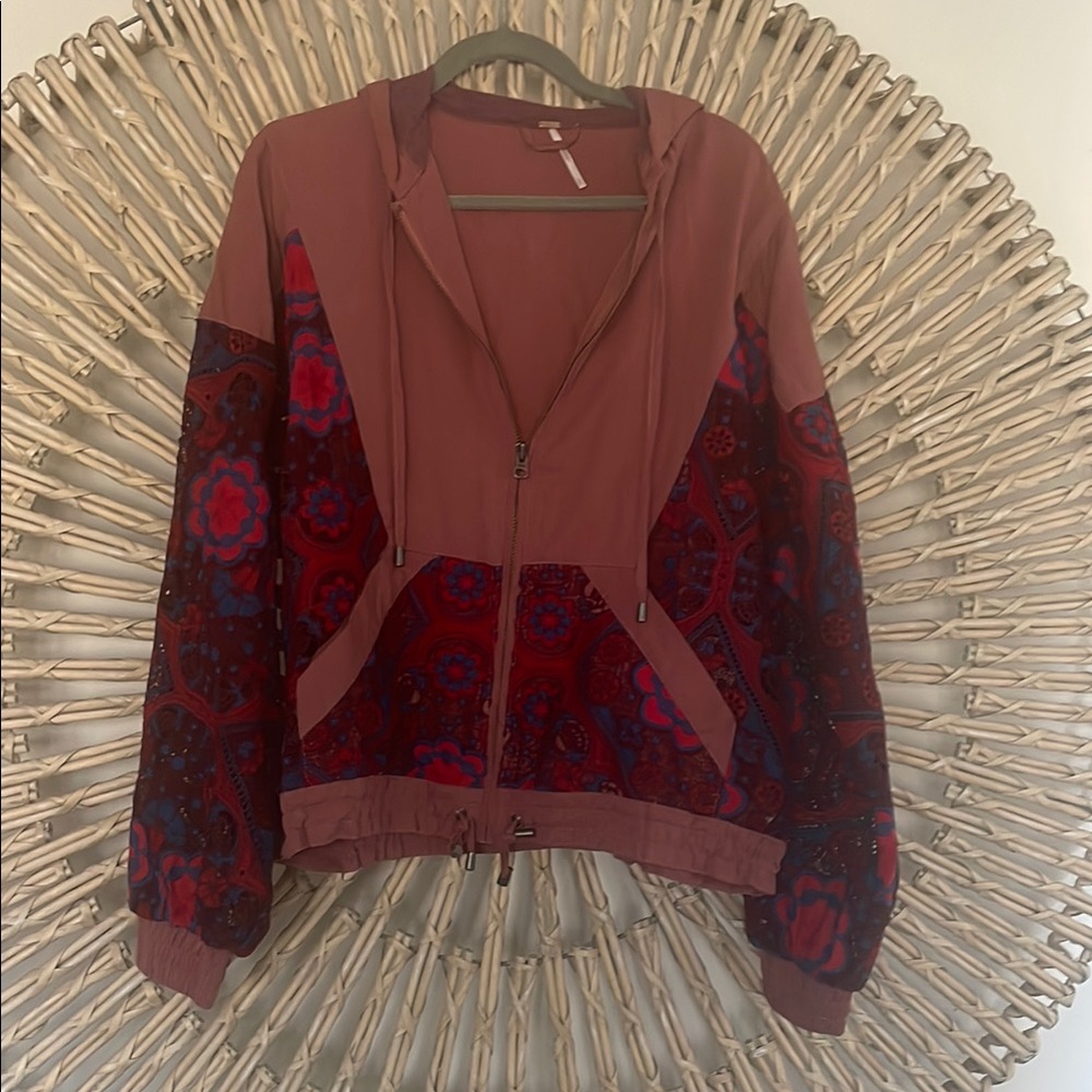 Red Bomber Jacket with Geometric Pattern and Cozy Texture